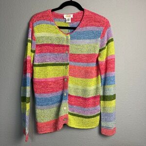 Talbots Striped Knit Cardigan Sweater Colorful Rainbow Lightweight V Neck Medium
